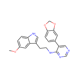 COc1ccc2[nH]cc(CCNc3ncncc3-c3ccc4c(c3)OCO4)c2c1 ZINC000004239305