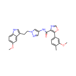 COc1ccc2[nH]cc(CCn3cc(NC(=O)c4ncoc4-c4ccc(C)c(OC)c4)cn3)c2c1 ZINC000201570392