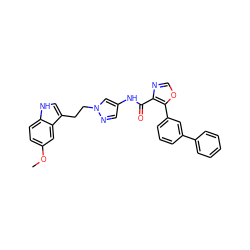 COc1ccc2[nH]cc(CCn3cc(NC(=O)c4ncoc4-c4cccc(-c5ccccc5)c4)cn3)c2c1 ZINC000201579642