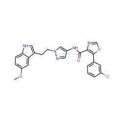 COc1ccc2[nH]cc(CCn3cc(NC(=O)c4ncoc4-c4cccc(Cl)c4)cn3)c2c1 ZINC000201519910