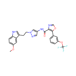 COc1ccc2[nH]cc(CCn3cc(NC(=O)c4ncoc4-c4cccc(OC(F)(F)F)c4)cn3)c2c1 ZINC000201519759