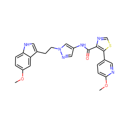 COc1ccc2[nH]cc(CCn3cc(NC(=O)c4ncsc4-c4ccc(OC)nc4)cn3)c2c1 ZINC000201560367