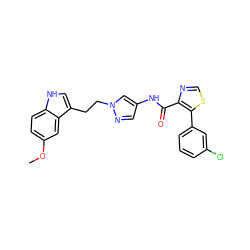 COc1ccc2[nH]cc(CCn3cc(NC(=O)c4ncsc4-c4cccc(Cl)c4)cn3)c2c1 ZINC000201514424