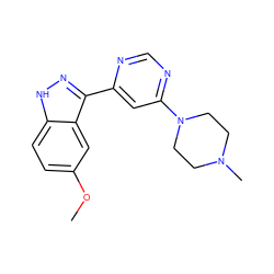 COc1ccc2[nH]nc(-c3cc(N4CCN(C)CC4)ncn3)c2c1 ZINC000225550384