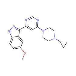 COc1ccc2[nH]nc(-c3cc(N4CCN(C5CC5)CC4)ncn3)c2c1 ZINC000225557225