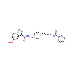 COc1ccc2[nH]nc(C(=O)NCC3CCN(CCCNC(=O)c4ccccc4)CC3)c2c1 ZINC000205786947