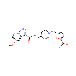 COc1ccc2[nH]nc(C(=O)NCC3CCN(Cc4ccc(C(=O)O)o4)CC3)c2c1 ZINC000220758062