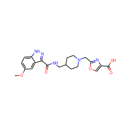 COc1ccc2[nH]nc(C(=O)NCC3CCN(Cc4nc(C(=O)O)co4)CC3)c2c1 ZINC000220767191