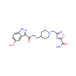 COc1ccc2[nH]nc(C(=O)NCC3CCN(Cc4noc(C(N)=O)n4)CC3)c2c1 ZINC000220770272