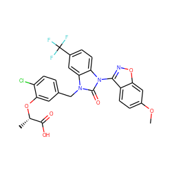 COc1ccc2c(-n3c(=O)n(Cc4ccc(Cl)c(O[C@@H](C)C(=O)O)c4)c4cc(C(F)(F)F)ccc43)noc2c1 ZINC000082155190