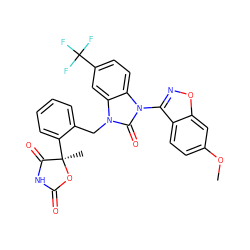 COc1ccc2c(-n3c(=O)n(Cc4ccccc4[C@@]4(C)OC(=O)NC4=O)c4cc(C(F)(F)F)ccc43)noc2c1 ZINC000073198143