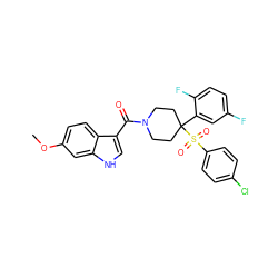 COc1ccc2c(C(=O)N3CCC(c4cc(F)ccc4F)(S(=O)(=O)c4ccc(Cl)cc4)CC3)c[nH]c2c1 ZINC000084619673