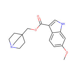 COc1ccc2c(C(=O)OCC34CCN(CC3)CC4)c[nH]c2c1 ZINC000059185346