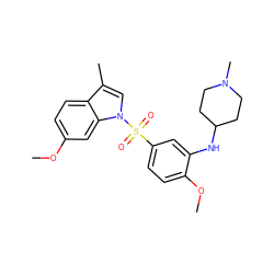 COc1ccc2c(C)cn(S(=O)(=O)c3ccc(OC)c(NC4CCN(C)CC4)c3)c2c1 ZINC000095577457