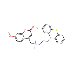 COc1ccc2c(C[N+](C)(C)CCCN3c4ccccc4Sc4ccc(Cl)cc43)cc(=O)oc2c1 ZINC000013812800