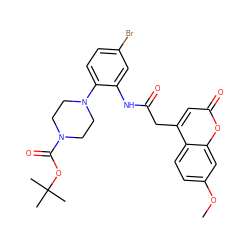 COc1ccc2c(CC(=O)Nc3cc(Br)ccc3N3CCN(C(=O)OC(C)(C)C)CC3)cc(=O)oc2c1 ZINC000034803855