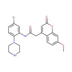 COc1ccc2c(CC(=O)Nc3cc(Br)ccc3N3CCNCC3)cc(=O)oc2c1 ZINC000034803851