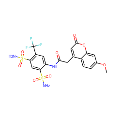 COc1ccc2c(CC(=O)Nc3cc(C(F)(F)F)c(S(N)(=O)=O)cc3S(N)(=O)=O)cc(=O)oc2c1 ZINC000049877393