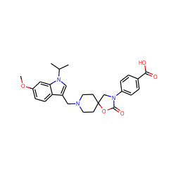 COc1ccc2c(CN3CCC4(CC3)CN(c3ccc(C(=O)O)cc3)C(=O)O4)cn(C(C)C)c2c1 ZINC000114358464