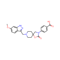 COc1ccc2c(CN3CCC4(CC3)CN(c3ccc(C(=O)O)cc3)C(=O)O4)n[nH]c2c1 ZINC000114360523