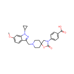 COc1ccc2c(CN3CCC4(CC3)CN(c3ccc(C(=O)O)cc3)C(=O)O4)nn(C3CC3)c2c1 ZINC000144614303
