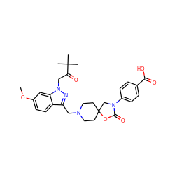 COc1ccc2c(CN3CCC4(CC3)CN(c3ccc(C(=O)O)cc3)C(=O)O4)nn(CC(=O)C(C)(C)C)c2c1 ZINC000144545289