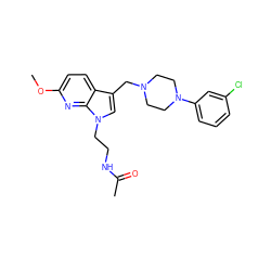 COc1ccc2c(CN3CCN(c4cccc(Cl)c4)CC3)cn(CCNC(C)=O)c2n1 ZINC000071318225