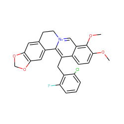 COc1ccc2c(Cc3c(F)cccc3Cl)c3[n+](cc2c1OC)CCc1cc2c(cc1-3)OCO2 ZINC000040914013