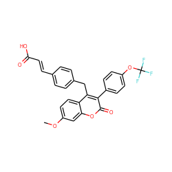 COc1ccc2c(Cc3ccc(/C=C/C(=O)O)cc3)c(-c3ccc(OC(F)(F)F)cc3)c(=O)oc2c1 ZINC000299851022