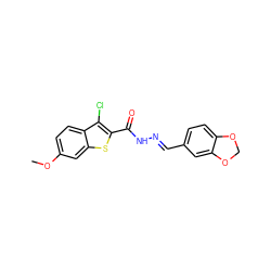 COc1ccc2c(Cl)c(C(=O)N/N=C/c3ccc4c(c3)OCO4)sc2c1 ZINC000001215293