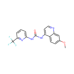 COc1ccc2c(NC(=O)Nc3cccc(C(F)(F)F)n3)ccnc2c1 ZINC000063298411