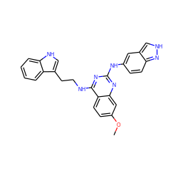 COc1ccc2c(NCCc3c[nH]c4ccccc34)nc(Nc3ccc4n[nH]cc4c3)nc2c1 ZINC001772573608