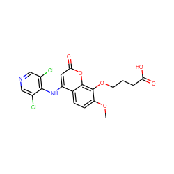 COc1ccc2c(Nc3c(Cl)cncc3Cl)cc(=O)oc2c1OCCCC(=O)O ZINC000084466454