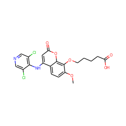 COc1ccc2c(Nc3c(Cl)cncc3Cl)cc(=O)oc2c1OCCCCC(=O)O ZINC000084466210