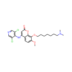 COc1ccc2c(Nc3c(Cl)cncc3Cl)cc(=O)oc2c1OCCCCCCCN(C)C ZINC000100103984