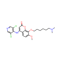 COc1ccc2c(Nc3c(Cl)cncc3Cl)cc(=O)oc2c1OCCCCCCN(C)C ZINC000084466091