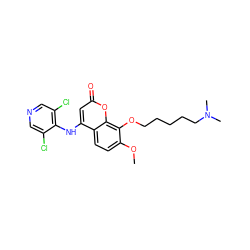 COc1ccc2c(Nc3c(Cl)cncc3Cl)cc(=O)oc2c1OCCCCCN(C)C ZINC000100103970