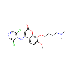 COc1ccc2c(Nc3c(Cl)cncc3Cl)cc(=O)oc2c1OCCCCN(C)C ZINC000100103967