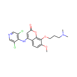 COc1ccc2c(Nc3c(Cl)cncc3Cl)cc(=O)oc2c1OCCCN(C)C ZINC000084466317