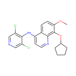 COc1ccc2c(Nc3c(Cl)cncc3Cl)ccnc2c1OC1CCCC1 ZINC000049089793