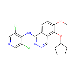 COc1ccc2c(Nc3c(Cl)cncc3Cl)nncc2c1OC1CCCC1 ZINC000001490210