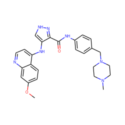 COc1ccc2c(Nc3c[nH]nc3C(=O)Nc3ccc(CN4CCN(C)CC4)cc3)ccnc2c1 ZINC001772638459