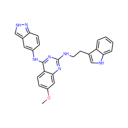 COc1ccc2c(Nc3ccc4n[nH]cc4c3)nc(NCCc3c[nH]c4ccccc34)nc2c1 ZINC001772616092