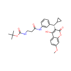 COc1ccc2c(O)c([C@H](c3cccc(NC(=O)CCNC(=O)OC(C)(C)C)c3)C3CC3)c(=O)oc2c1 ZINC000003833850