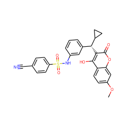 COc1ccc2c(O)c([C@H](c3cccc(NS(=O)(=O)c4ccc(C#N)cc4)c3)C3CC3)c(=O)oc2c1 ZINC000003815644