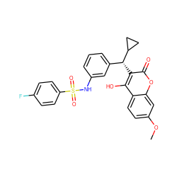 COc1ccc2c(O)c([C@H](c3cccc(NS(=O)(=O)c4ccc(F)cc4)c3)C3CC3)c(=O)oc2c1 ZINC000003815645