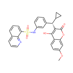 COc1ccc2c(O)c([C@H](c3cccc(NS(=O)(=O)c4cccc5cccnc45)c3)C3CC3)c(=O)oc2c1 ZINC000003815640