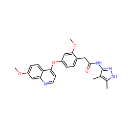 COc1ccc2c(Oc3ccc(CC(=O)Nc4n[nH]c(C)c4C)c(OC)c3)ccnc2c1 ZINC000084596758