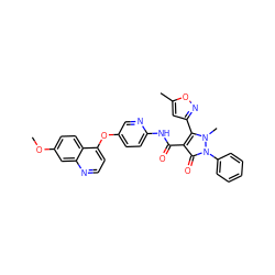 COc1ccc2c(Oc3ccc(NC(=O)c4c(-c5cc(C)on5)n(C)n(-c5ccccc5)c4=O)nc3)ccnc2c1 ZINC000084759328