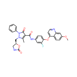 COc1ccc2c(Oc3ccc(NC(=O)c4c(C)n(C[C@@H]5CNC(=O)O5)n(-c5ccccc5)c4=O)cc3F)ccnc2c1 ZINC000084669970